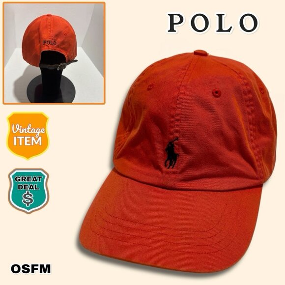 Vintage 1990’s Orange Polo Ralph Lauren Strapback Hat Cap Pony Logo Adjustable. - Picture 1 of 8